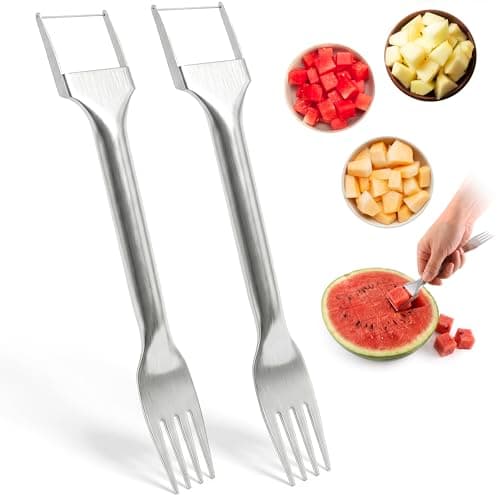 2 Pcs Stainless Steel Watermelon Cutter Slicer Tool 2-in-1 – Cutter & Fork | Perfect Cube with Zero Juice Mess, Watermelon Slicer Tool for Melon & Dragon Fruit – Portable for Picnics & Summer Parties
