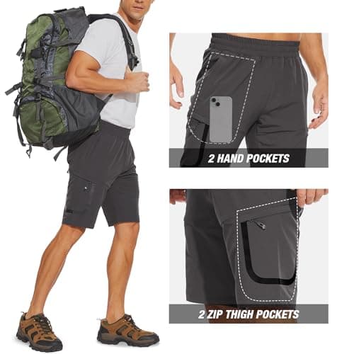 MOURCE Men's Hiking Shorts 9" Quick Dry Lightweight Elastic Waist Outdoor Fishing Golf Shorts, Grey 2XL - Thumbnail 4