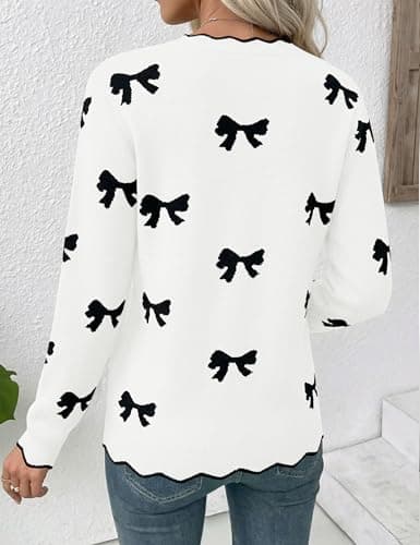 LaGracia Womens Fall V Neck Sweater 2026 Lightweight Casual Long Sleeve Ribbed Knit Pullover Sweaters Dressy Fall Outfits White-Bow L - Thumbnail 4