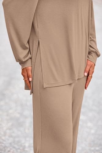 PRETTYGARDEN Womens 2026 Casual Lounge Sets Long Sleeve Tops Wide Leg Long Pants Spring Crewneck 2 Piece Outfits Tracksuits(Khaki,X-Large) - Thumbnail 5
