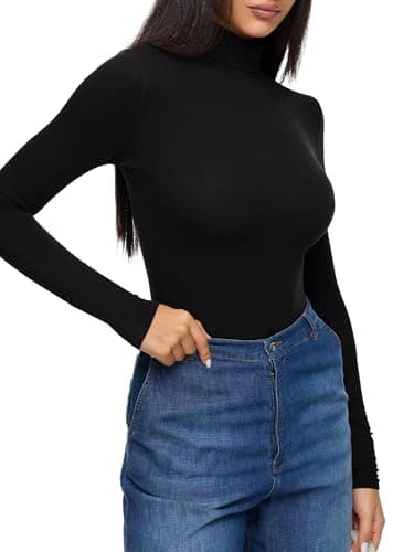 REORIA Womens Turtleneck Long Sleeve Tight Shirts Basic Tummy Control Bodysuit Thermal Underwear Tops Fall Clothes Black Onyx Medium - Thumbnail 3