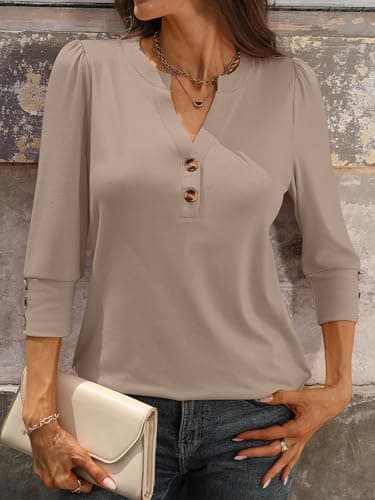 ANRABESS Womens Tops 3/4 Sleeve Casual Henley Shirts V Neck Buttons Dressy Work Business Blouses 2026 Spring Trendy Clothes X-Large Khaki - Thumbnail 4