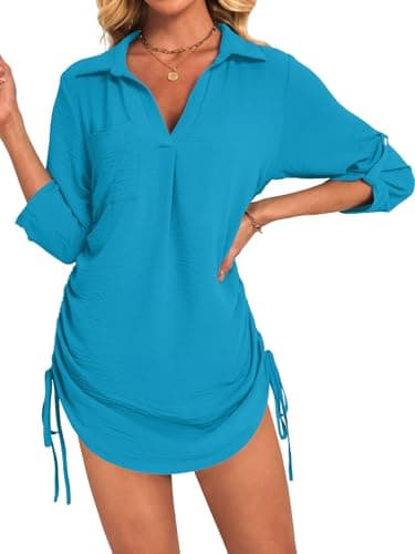 GKBK Women Swimsuit Coverup Bathing Suit Cover Ups for Swimwear Swim 2026 Summer Bikini Beachwear Drawstring Beachy Dress Shirt Festival Outfits Trip Must Haves Lake Stuff Peacock Blue M - Thumbnail 2