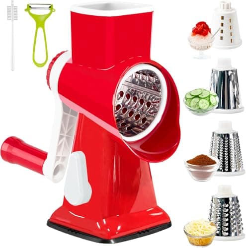 Rotary Cheese Grater with Handle, Multifunctional Kitchen tool, Stainless Steel Rotary Grater Slicer for Fruit, Vegetables, Nuts (Red)