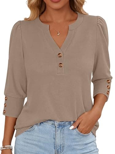 ANRABESS Womens Tops 3/4 Sleeve Casual Henley Shirts V Neck Buttons Dressy Work Business Blouses 2026 Spring Trendy Clothes X-Large Khaki