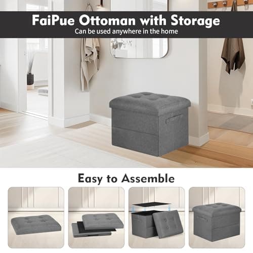 FaiPue Storage Ottoman. Foot Rest Stool with Thicker Foam Padded Seat. Linen Footstool Storage Bench, 350 lbs Folding Bench Small Ottoman for Living Room, Bedroom, Coffee Table. 17x13x13in, Dark Gray - Thumbnail 4