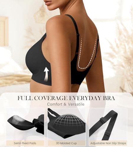 Bras for Women No Underwire Wireless Push Up Full Coverage Bra Padded Soft Scalloped Bra Comfort Bralettes(Black,M) - Thumbnail 3