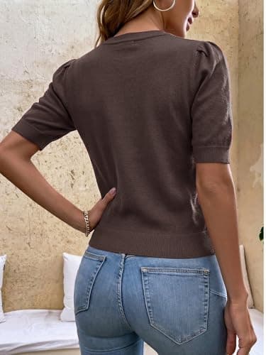 LaGracia Womens Cropped Sweater Puff Short Sleeve Spring Summer Work Tops Crew Neck Sweaters Light Coffee S - Thumbnail 3