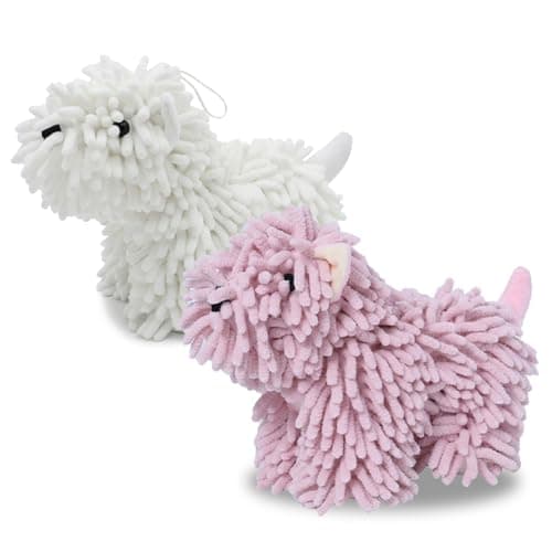Cute Dog Chenille Hand Towel, 3D Puppy Hangable Fuzzy Ball Hand Towel Microfiber Super Soft Absorbent Bathroom & Kitchen Towels with Hanging Loop, Can Be Placed on the Sink Countertop (White & Pink) - Image 1