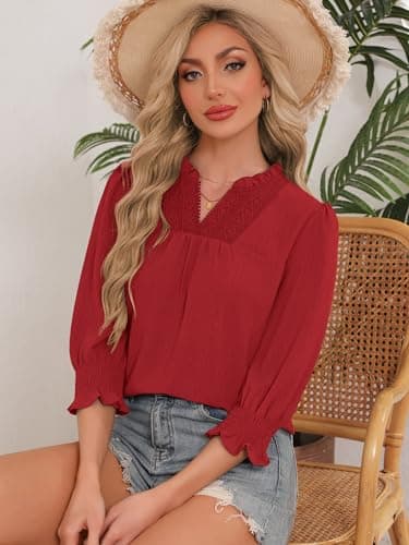 Funlingo Women Blouses Dressy Casual V Neck 3/4 Length Sleeve Womens Tops Boho Lace Crochet T Shirts Beach Vacation Spring Clothes 2026 Red L - Thumbnail 6
