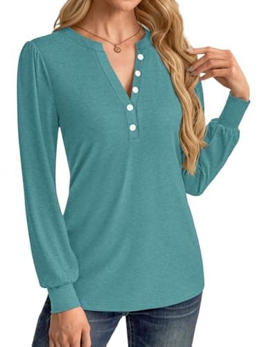 GKBK Women's Puff Long Sleeve Tunic V Neck Button Blouses Fall Tops Trendy Dressy Casual Business Henley Shirts Cyan L - Thumbnail 3