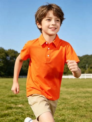 Cozople Boys Polo Shirts Moisture Wicking Quick Dry Golf Shirt Short Sleeve Athletic Casual School Uniform for Kids,Neon Orange,Size 13-14 - Thumbnail 2