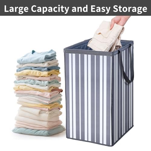 Laundry Basket，74L Laundry Hamper Large Collapsible,Durable, Waterproof & Space-Saving Storage for Clothes, Toys, blankets (Gray Striped, 2PCS) - Thumbnail 3