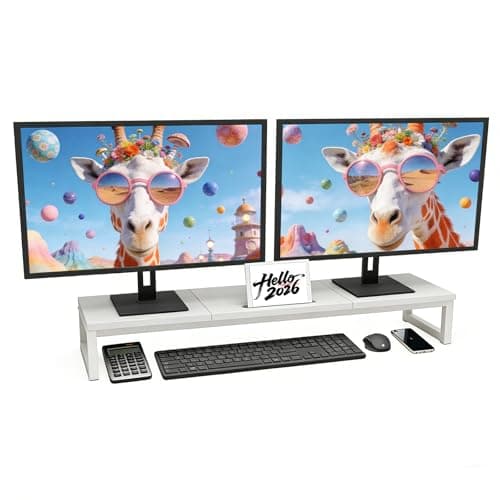 huacz Dual Monitor Stand Riser, 38.7'' Long Wood and Steel Monitor Stand for 2 Monitors, Ergonomic Desktop Organizer with Tablet Stand for Computer,Laptop,TV (White) - Image 1