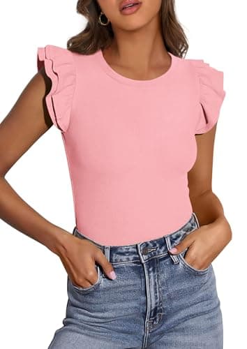 PRETTYGARDEN Womens Summer Crew Neck T Shirts 2026 Trendy Ruffle Sleeve Slim Fit Knit Going Out Tops Casual Spring Clothes (Pink,XX-Large) - Image 1