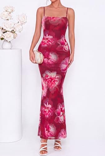 BTFBM Womens Summer Maxi Dress 2026 Floral Mesh Spaghetti Straps Sleeveless Sexy Bodycon Wedding Cocktail Party Dresses(Floral Rose Pink, Medium) - Thumbnail 2