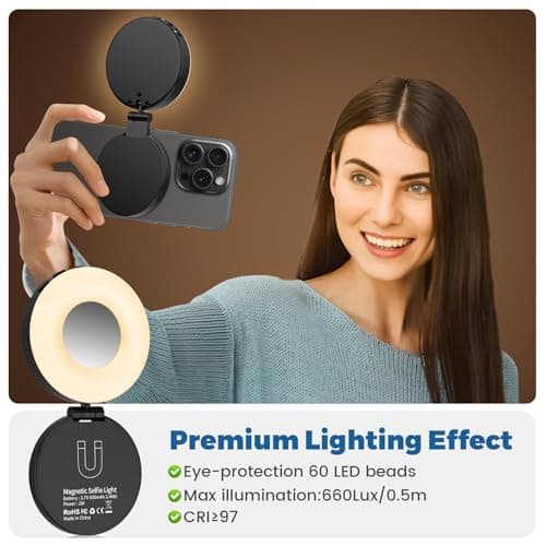 Magnetic Selfie Light, Phone Selfie Ring Light Compatible with iPhone Magsafe, 3-in-1 Magnetic Beauty Selfie Light for Phones with Mirror for Selfies/Photography/TikTok/Zoom Calls/Video Conference - Thumbnail 2