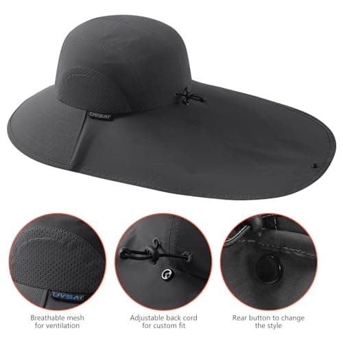 UVSAI UPF 50+ Foldable Sun Hats Wide Brim with Large Neck Flap for Men Women UV Protection Gardening Fishing Beach Hat Dark Grey - Thumbnail 5