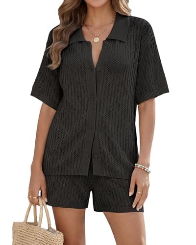 Womens Swim Cover Up Set 2 Piece Crochet Beach Clothes Button Down Blouses Drawstring Shorts Resort Coverup Sets Black - Image 1