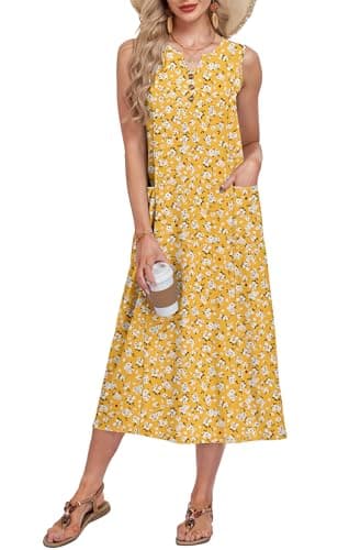 MOLERANI Beach Vacation Midi Dress Sleeveless Button Down Floral with Pockets Summer Sundress for Women 2026 Casual, YE S Floral, XL - Image 1