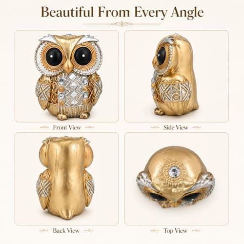 Edyocey Owl Figurines Home Decor - Gold Owl Statue for Shelf, Office Decor, Spiritual Gifts for Women, Bird Lovers ，Handcrafted Owl Sculpture with Gold Finish - Thumbnail 4
