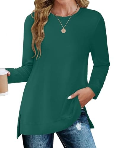 JUSTFASHIONNOW Womens Long Sleeve Tunic Tops to Wear with Leggings Crew Neck Side Split Layering Shirts Loose Fit Long Tops Darkgreen - Thumbnail 3