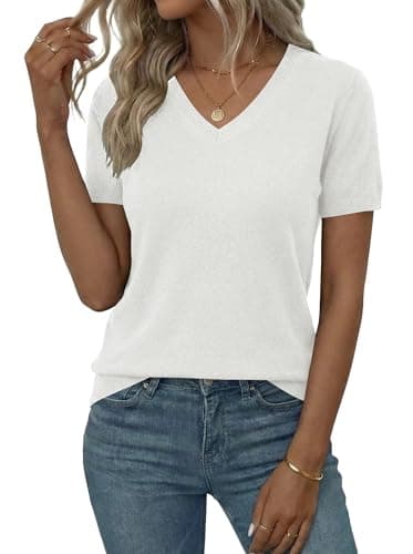 LaGracia Sweater for Women V Neck Short Sleeve Summer Spring Sweaters Wool Blend Business Casual Tops White S - Image 1