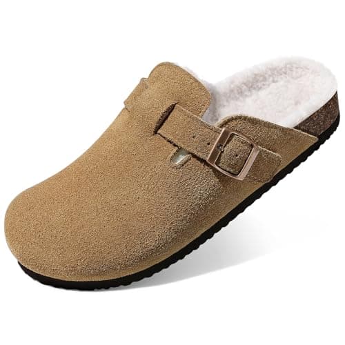 KIDMI Women's Fur Lined Suede Clogs Fuzzy Cork Footbed Mules Slip On Winter Potato Shoes, Brown 45 (Size 13) - Image 1
