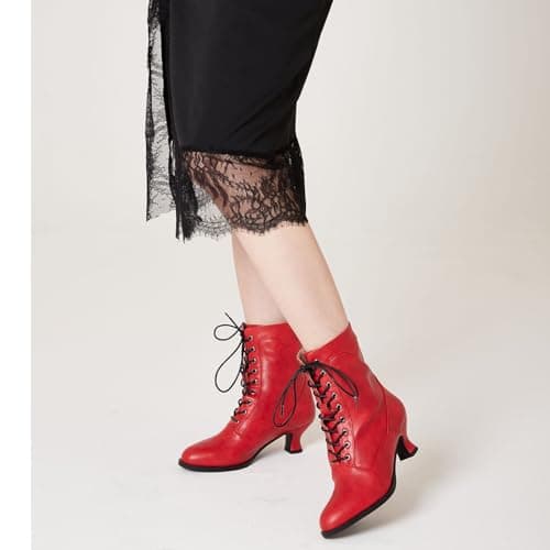 Yremael Women's Victorian Ankle Boots - Mid Calf, Round Toe, Chunky Heel, Lace Up Witch & Knight Boots in Red - Thumbnail 6