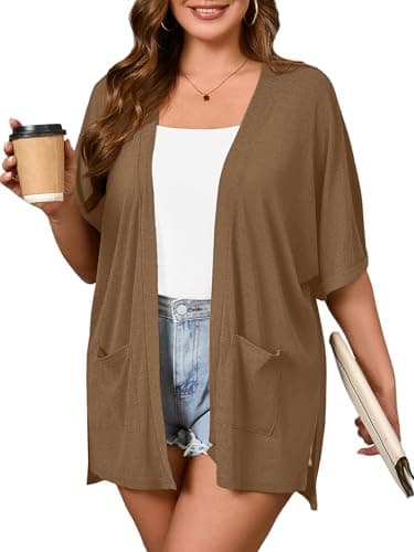 AusLook Plus Size Dark Coffee Cardigan for Women 4X Short Sleeve Lightweight Open Front Shrug with Pockets for Dresses and Layering - Image 1