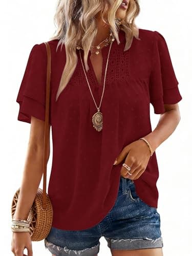 Bellcoco Spring Tops for Women Dressy Casual Ruffle Sleeve Vneck Shirts Boho Flowy Swiss Dot Going Out Blouses(Red,XX-Large) - Image 1