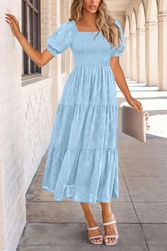 PRETTYGARDEN Women's 2026 Summer Casual Midi Dresses Square Neck Short Sleeve Smocked A Line Floral Flowy Elegant Boho Dress (Light Blue,Medium) - Thumbnail 5