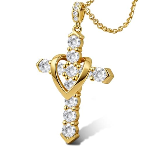 Cross Necklace for Women, Heart Cross Necklace for Women, 18K Gold Plated, Gold Necklace for Women, Dainty Cubic Zirconia Pendant, Hypoallergenic Jewelry for Women, Christian Religious Gifts(White-Gold) - Image 1
