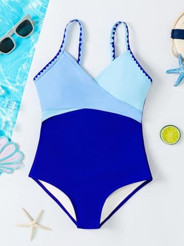AMAWMW Kids Girls One Piece Swimsuits Contrast Color Cross Bathing Suit Adjustable Straps Girls Swimwear Sky Blue 9-10Y - Thumbnail 6