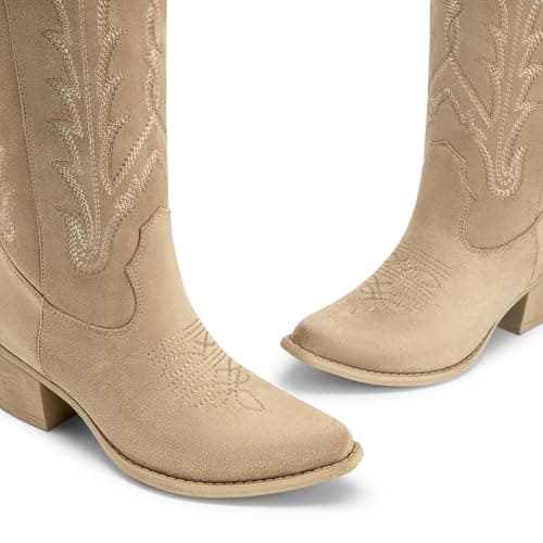 Athlefit Western Cowboy Boots for Women Knee High Cowgirl Comfortable Pull On Block Heel Pointed Toe Embroidered Camel Suede Tall Boots for Travel Walking Camel Suede Size 10 - Thumbnail 5
