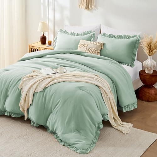 FUANNA Full Size Comforter Sets Sage Green, 3 Pieces Ruffle Full Size Bedding Sets, Fluffy Bed in a Bag Full for All Seasons, Shabby Chic Full Bed Set with 1 Lightweight Comforter & 2 Pillowshams - Image 1