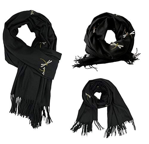 Bienvenu Dragonfly Detail Large Women Soft Cashmere Wool Wraps Shawls Stole Scarf,Black - Thumbnail 6