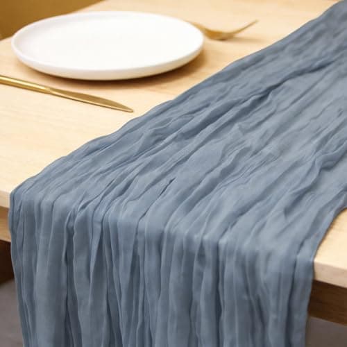 QPOR Dusty Blue Cheesecloth Table Runner Boy Baby Shower Wedding Decorations Spring Gauze Table Runner for Bridal Shower Party Winter Wonderland Decoration 35x120 Inches - Thumbnail 2