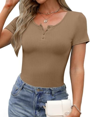 GKBK Fitted Short Sleeve Shirts for Women Ribbed Scoop Neck Fitted Tight Basic Tee Tshirts 2025 Spring Summer Tops Trendy Outfits Light Khaki S - Thumbnail 2