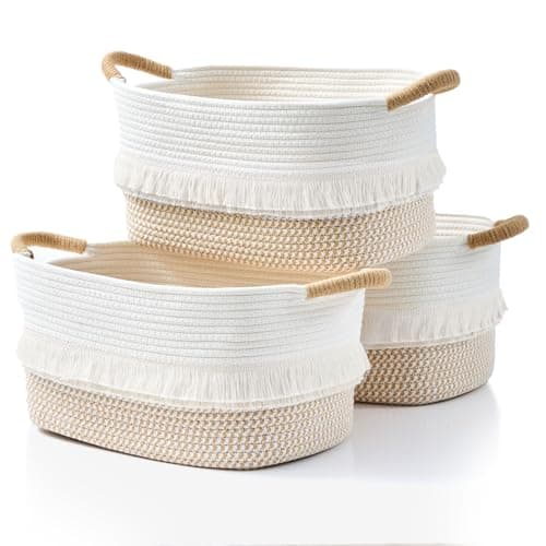 BUBUSUN Cotton Rope Storage Bins Woven Baskets 3 Pack with Handles for Toys/Shelves/Laundry, Rectangle Multi-Purpose Organizer for Living Room, Bedroom, Nursery (White/Brown)
