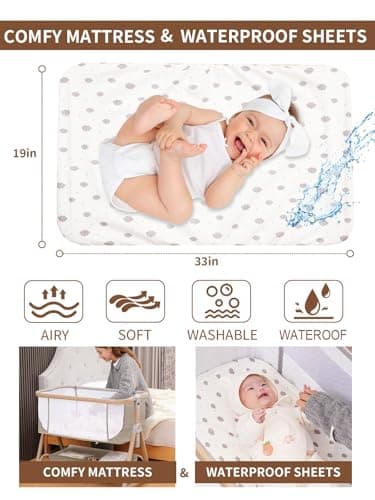 Jestonten Baby Bassinet, Bassinet Bedside Sleeper with Waterproof Bassinet Sheets and Soft Mattress, Safe Adjustable Height Bedside Bassinets with Wheels, Girl/Boy Bassinets, Khaki - Thumbnail 2