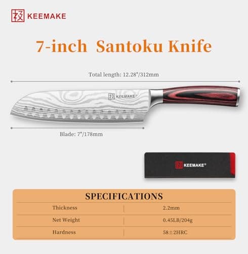 KEEMAKE Santoku Knife - 7 Inch High Carbon Japanese Chefs Knife with Ergonomic Pakkawood Handle and Sheath, Gifts for Mom or Dad, Kitchen Gadgets with Gift Box, Father Day Gifts - Thumbnail 3
