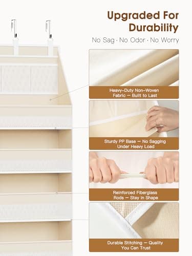 Criusia Over the Door Organizer, 6-Shelf Closet Hanging Storage with 13 Mesh Pockets, 55lbs Capacity Behind the Door Storage for Baby Nursery, Bathroom, Bedroom, and Dorm, Beige - Thumbnail 4