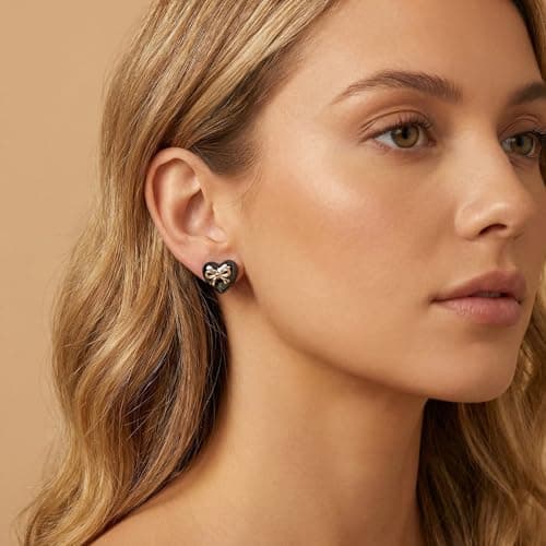 Lnmoieu Heart Stud Earrings for Women 14K Gold Plated Black Heart Earring Dainty Bow Earring Fashion Jewelry Gifts - Thumbnail 2