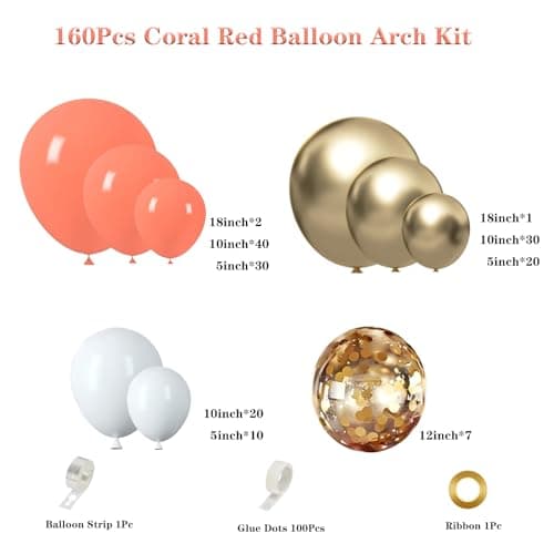 Coral Red White Gold Balloon Garland Arch Kit, 160Pcs Coral Red White Gold Latex Balloons with Confetti Balloons for Mother's Day Wedding Anniversary Birthday Shower Party Decorations - Thumbnail 2