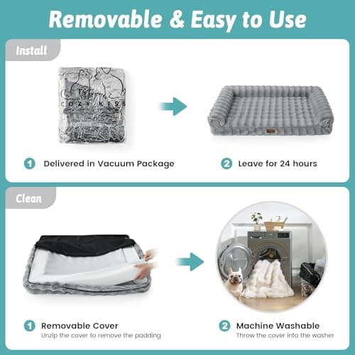 Faux Fur Orthopedic Dog Bed, Super Soft Large Dog Bed, Supportive Foam Bolster Pet Sofa with Waterproof Lining Cover, Washable U-Shaped Pet Couch with Anti-Slip Bottom Design, Grey XL 42x30x7 inch - Thumbnail 6