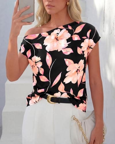 Zenlonr Womens Off The Shoulder Tops 2026 Summer Casual Short Sleeve T Shirts Boho Floral Blouse Trendy Going Out Tops(Black Pink Flower,XX-Large) - Thumbnail 4