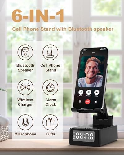 Gifts for Men Cell Phone Stand with Wireless Bluetooth Speaker and Wireless Charger, Phone Charger Stand with Digital Alarm Clock for iPhone, Birthday Gifts for Men,Boyfriend,Dad,Women,Christmas - Thumbnail 3