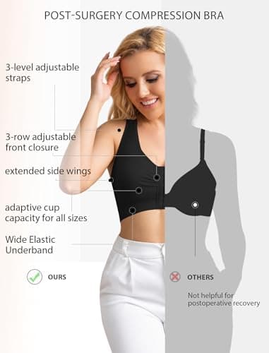Easybunny Post Surgery Bra Front Closure Compression Bras Wireless Mastectomy Bra with Adjustable Straps Black 3XL - Thumbnail 2