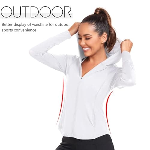 AGVNG Womens UV Protection Sun Hooide Full Zip Jackets Lightweight Quick Dry UPF 50+ Long Sleve Sun Shirts Hiking Running Outdoor Tops White XXL - Thumbnail 5